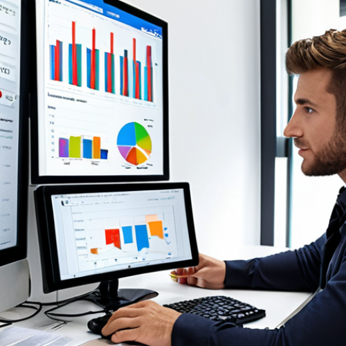 **Market Researcher Analyzing Social Media:** A market researcher in a modern office setting, using a computer to analyze social media comments for sentiment. Charts and graphs showing positive, negative, and neutral emotions are displayed on the screen.