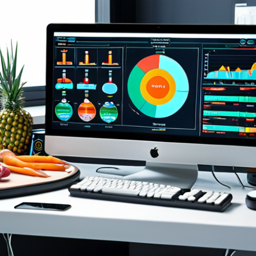**Biohacking workstation:** A futuristic office setup with smart devices, genetic testing kit, and healthy food. Focus on personalized health optimization.
