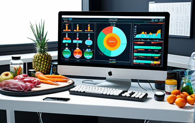 **Biohacking workstation:** A futuristic office setup with smart devices, genetic testing kit, and healthy food. Focus on personalized health optimization.