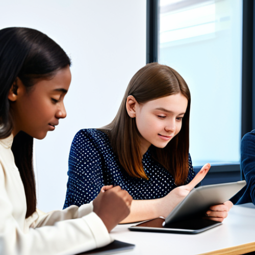 A diverse group of students, fully clothed in modest, professional attire, deeply engaged with AI-powered learning platforms on individual smart tablets and interactive screens in a bright, modern classroom. They are focused on personalized adaptive content, receiving real-time academic feedback. The scene is clean, well-lit, and depicts an innovative learning environment. safe for work, appropriate content, family-friendly, perfect anatomy, correct proportions, natural pose, well-formed hands, proper finger count, natural body proportions.