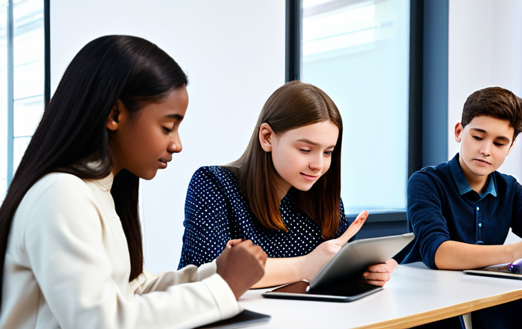 A diverse group of students, fully clothed in modest, professional attire, deeply engaged with AI-powered learning platforms on individual smart tablets and interactive screens in a bright, modern classroom. They are focused on personalized adaptive content, receiving real-time academic feedback. The scene is clean, well-lit, and depicts an innovative learning environment. safe for work, appropriate content, family-friendly, perfect anatomy, correct proportions, natural pose, well-formed hands, proper finger count, natural body proportions.