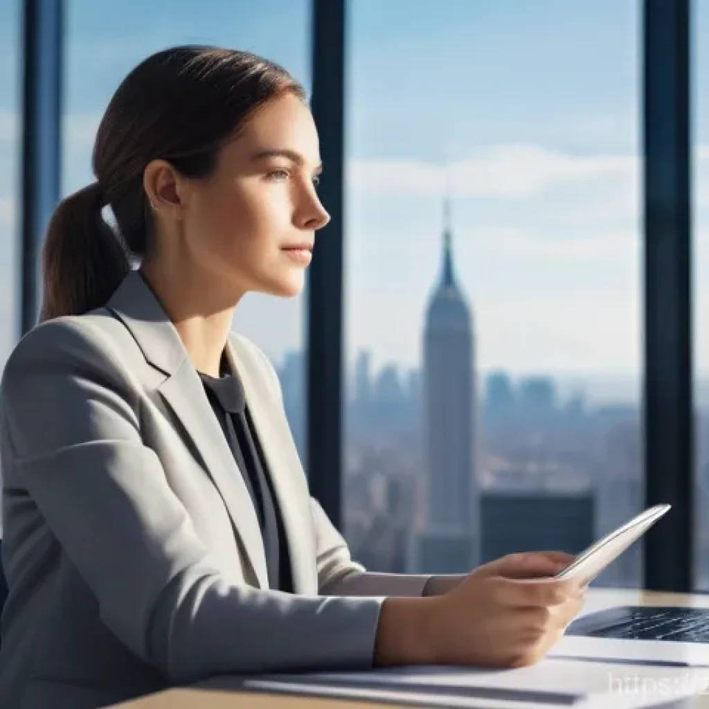 디지털 마케팅 트렌드 - A marketing professional, a young woman in her late 20s, dressed in a smart blazer over a blouse and...