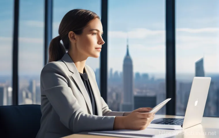 디지털 마케팅 트렌드 - A marketing professional, a young woman in her late 20s, dressed in a smart blazer over a blouse and...