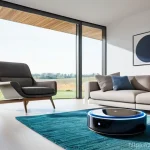 로봇 산업과 일자리 전망 - A vibrant, futuristic living room, bathed in soft, natural light streaming through large windows. In...