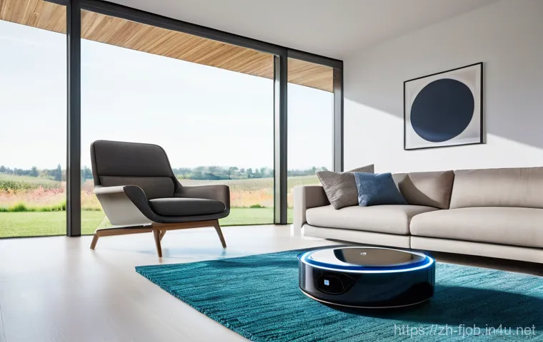 로봇 산업과 일자리 전망 - A vibrant, futuristic living room, bathed in soft, natural light streaming through large windows. In...