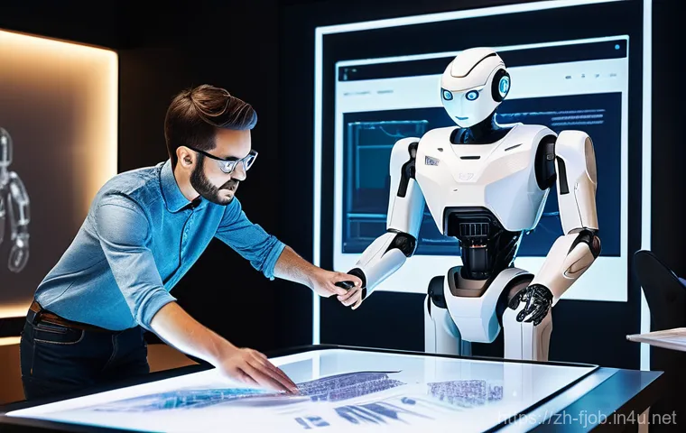 로봇 산업과 일자리 전망 - Inside a state-of-the-art automotive manufacturing plant, clean and brightly illuminated by overhead...