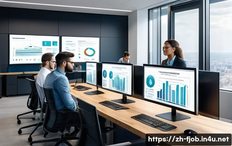 AI 기반 채용 전문가 - A modern office scene showing a diverse group of professional recruiters using AI-powered recruitmen...
