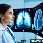 헬스케어 AI 전문가 - A futuristic medical diagnostic room featuring an AI-powered deep learning system analyzing lung can...