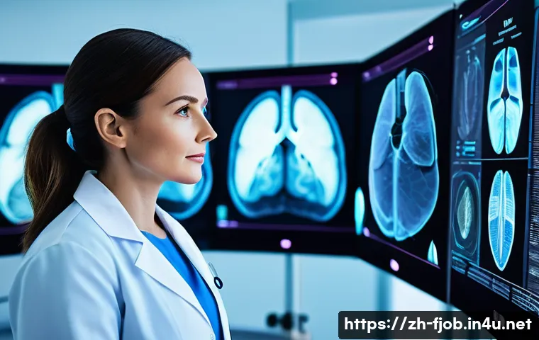 헬스케어 AI 전문가 - A futuristic medical diagnostic room featuring an AI-powered deep learning system analyzing lung can...