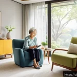 실버 테크 전문가 - A cozy modern elderly person's living room equipped with smart home technology: automatic curtains p...