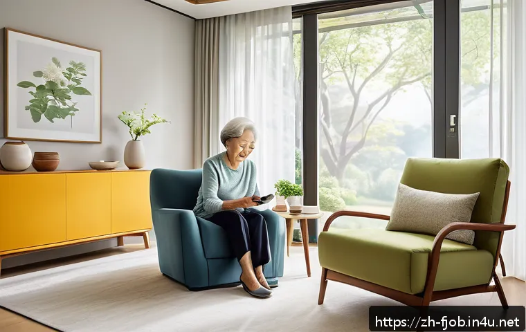 실버 테크 전문가 - A cozy modern elderly person's living room equipped with smart home technology: automatic curtains p...