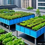 친환경 건축 기술자 - A modern eco-friendly urban rooftop garden under bright sunlight, featuring lush green plants and fl...