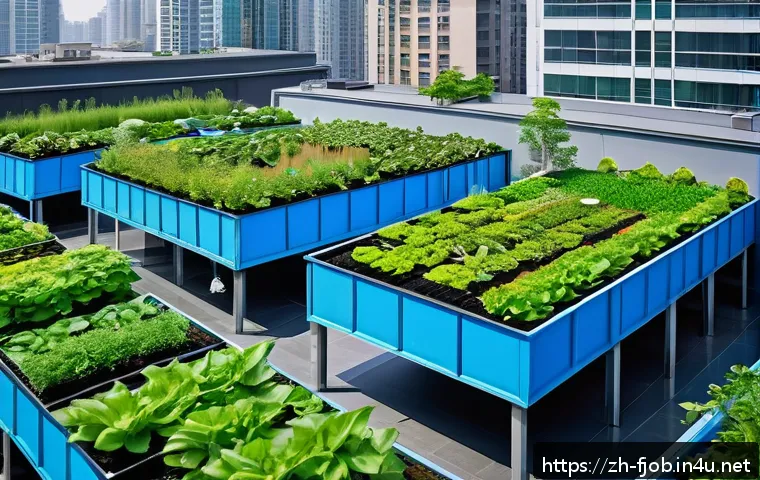 친환경 건축 기술자 - A modern eco-friendly urban rooftop garden under bright sunlight, featuring lush green plants and fl...