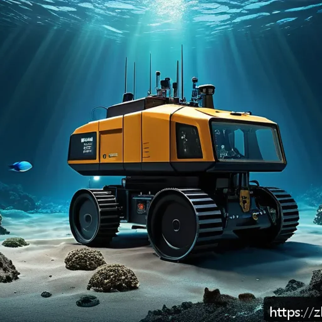 해양 개발 전문가 - A futuristic deep-sea mining operation scene showcasing advanced remotely operated vehicles (ROVs) a...