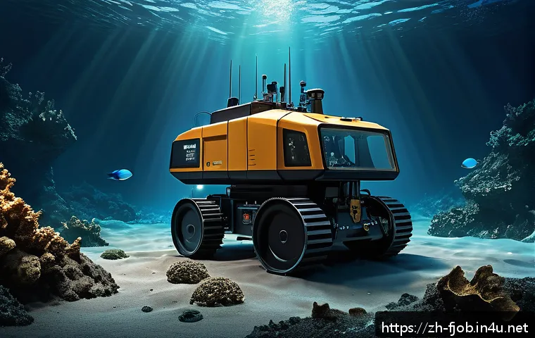 해양 개발 전문가 - A futuristic deep-sea mining operation scene showcasing advanced remotely operated vehicles (ROVs) a...