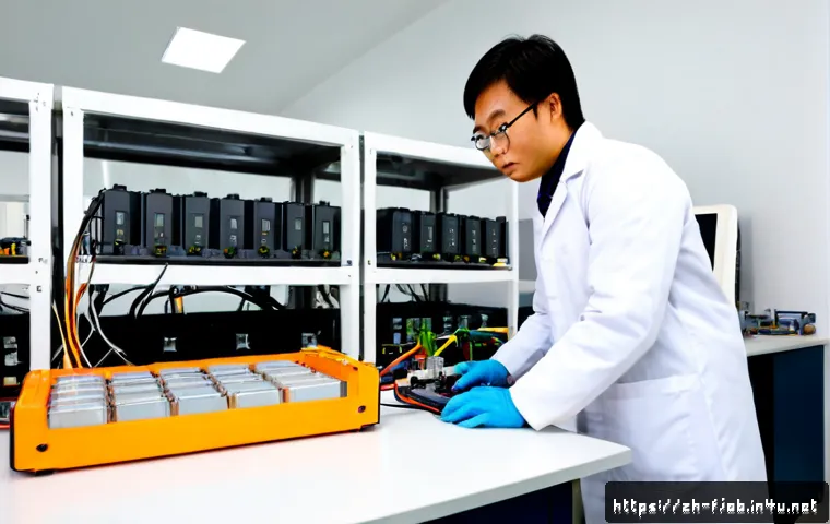 전기차 배터리 개발자 - Photorealistic electric vehicle battery developer in a clean modern research laboratory, wearing saf...